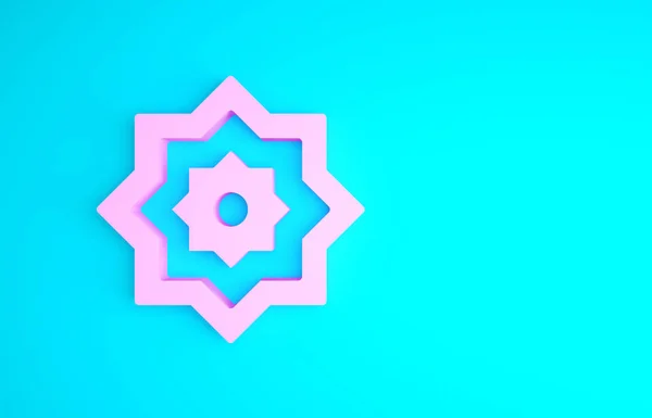 Mavi arka planda izole edilmiş pembe İslami sekizgen yıldız süsü ikonu. Minimalizm kavramı. 3d illüstrasyon 3B canlandırma — Stok fotoğraf