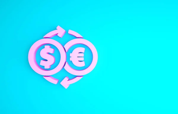 Ícone de troca de dinheiro rosa isolado no fundo azul. Euro e Dólar símbolo de transferência de dinheiro. Sinal de moeda bancária. Conceito de minimalismo. 3D ilustração 3D render — Fotografia de Stock