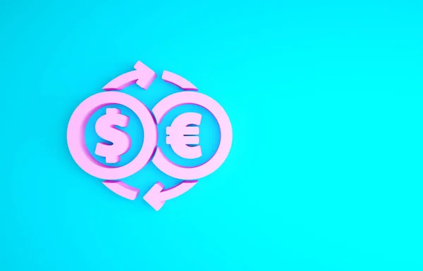 Rosa Geldwechselsymbol isoliert auf blauem Hintergrund. Euro und Dollar Bargeldüberweisung Symbol. Zeichen der Bankenwährung. Minimalismus-Konzept. 3D Illustration 3D Renderer — Stockfoto