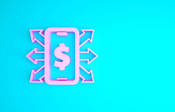 핑크 스마트 폰 과 달러 상징 아이콘 이 파란색 배경에 분리되어 있습니다. 온라인 쇼핑 컨셉. 금융용 휴대 전화 아이콘. 온라인 결제. 미니멀리즘의 개념입니다. 3d 삽화 3D 렌더링 — 스톡 사진