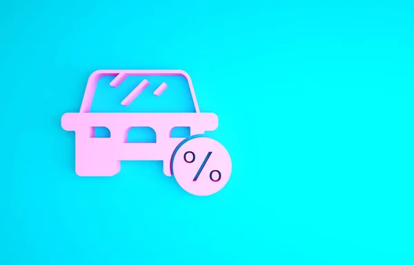 Rosa bil leasing procent ikon isolerad på blå bakgrund. Kreditprocentuell symbol. Minimalistiskt koncept. 3D-återgivning för 3D — Stockfoto