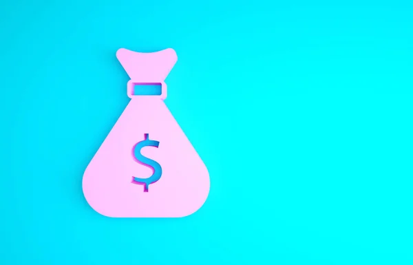 Ροζ εικονίδιο τσάντα χρήματα απομονώνονται σε μπλε φόντο. Δολάριο ή σύμβολο USD. Ταμειακή Τράπεζα σύμβολο νόμισμα. Μινιμαλιστική έννοια. 3d απεικόνιση 3D καθιστούν — Φωτογραφία Αρχείου