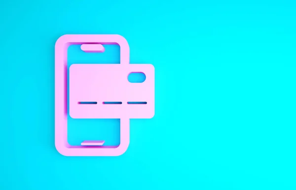 Icono de banca móvil rosa aislado sobre fondo azul. Transferir dinero a través de la banca móvil en la pantalla del teléfono móvil. Concepto minimalista. 3D ilustración 3D render — Foto de Stock