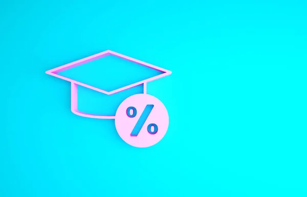Boné de graduação rosa e ícone de moeda isolado no fundo azul. Educação e dinheiro. Conceito de custo de bolsa ou empréstimo, taxa de matrícula ou de estudo. Conceito de minimalismo. 3D ilustração 3D render — Fotografia de Stock