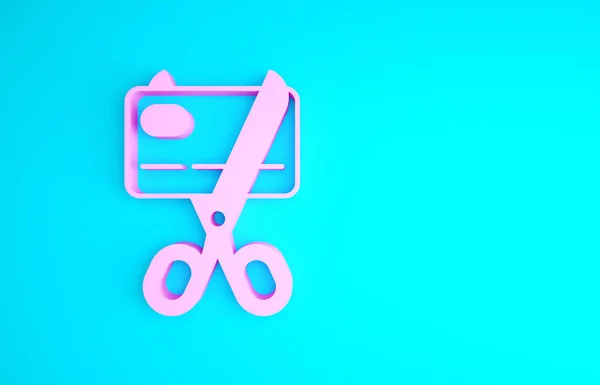 Eine rosa Schere schneidet ein Kreditkartensymbol isoliert auf blauem Hintergrund. Online-Zahlung. Barabhebungen. Finanzgeschäfte. Einkaufsschild. Minimalismus-Konzept. 3D Illustration 3D Renderer — Stockfoto