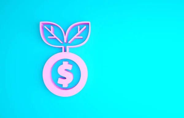 Icona della pianta del dollaro rosa isolato su sfondo blu. Concetto di crescita degli investimenti aziendali. Risparmio e investimenti in denaro. Concetto minimalista. Illustrazione 3d rendering 3D — Foto Stock