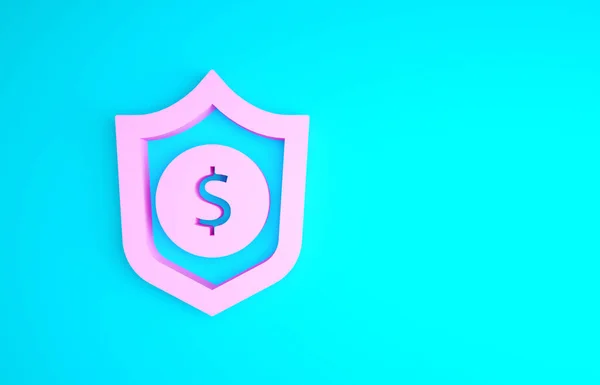 Escudo rosa con símbolo de dólar icono aislado sobre fondo azul. Protección del escudo de seguridad. Concepto de seguridad monetaria. Concepto minimalista. 3D ilustración 3D render —  Fotos de Stock