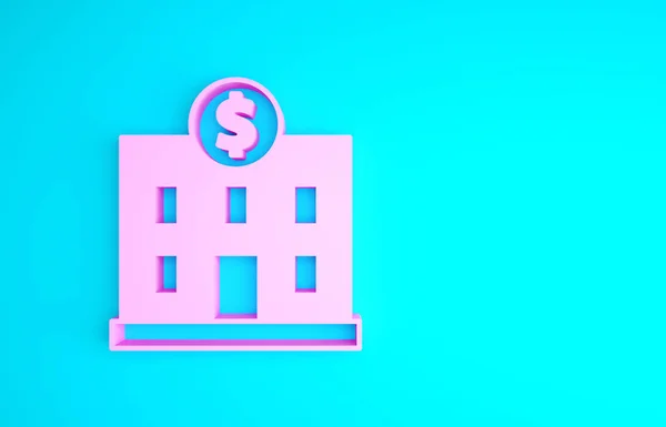 粉红银行大楼图标隔离在蓝色背景。最低纲领的概念。3D渲染3D插图 — 图库照片