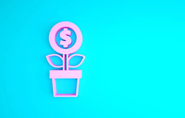 Icona della pianta del dollaro rosa isolato su sfondo blu. Concetto di crescita degli investimenti aziendali. Risparmio e investimenti in denaro. Concetto minimalista. Illustrazione 3d rendering 3D — Foto Stock