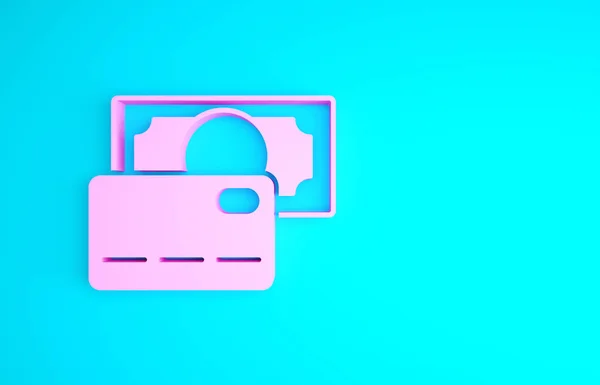 Pink Credit card icon isolated on blue background. Online payment. Cash withdrawal. Financial operations. Shopping sign. Minimalism concept. 3d illustration 3D render — Stock Photo, Image