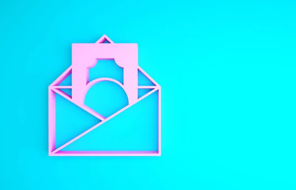 Roze Envelop met munt dollar symbool pictogram geïsoleerd op blauwe achtergrond. Salarisverhoging, geld loonlijst, compensatie inkomen. Minimalisme concept. 3d illustratie 3D renderen — Stockfoto