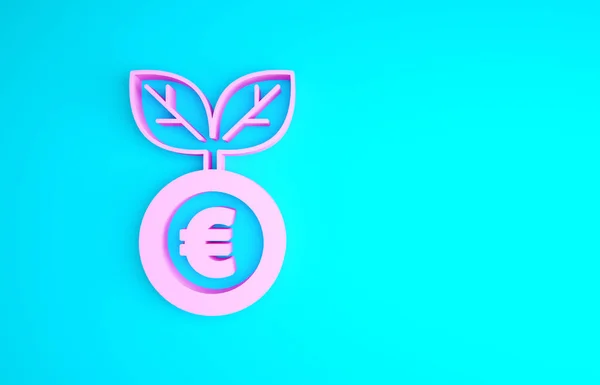 Рожева рослина євро ізольована на синьому фоні. Концепція зростання інвестицій у бізнес. Економія грошей та інвестиції. Концепція мінімалізму. 3D ілюстрація 3D рендеринга — стокове фото