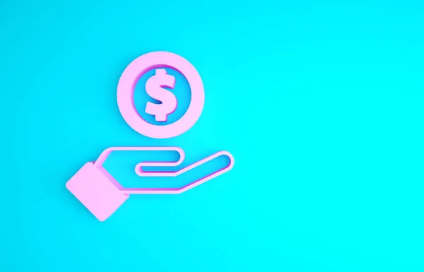 Pinkfarbene Menschenhand mit Geldsymbol isoliert auf blauem Hintergrund. Erhalten Geld Symbol. Minimalismus-Konzept. 3D Illustration 3D Renderer — Stockfoto