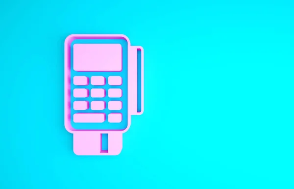 핑크 POS 단말기에는 신용 카드가 삽입되어 있었으며 파란색 배경에 분리 된 호혜 아이콘 이 인쇄되었다. NFC 지불 개념. 미니멀리즘의 개념입니다. 3d 삽화 3D 렌더링 — 스톡 사진