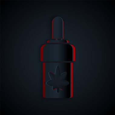 Kağıt kesiği Tıbbi marihuana veya kenevir yaprağı zeytinyağı damlası ikonu siyah arka planda izole edilmiş. Esrar özütü. Kenevir sembolü. Kağıt sanatı tarzı. Vektör İllüstrasyonu