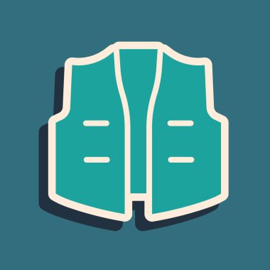 Yeşil balıkçı ceketi simgesi yeşil arka planda izole edildi. Balıkçı yeleği. Uzun gölge tarzı. Vektör