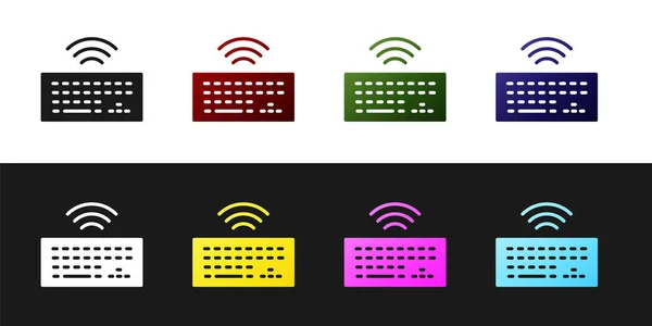 Setzen Sie das Symbol für die drahtlose Computertastatur isoliert auf schwarz-weißem Hintergrund. PC-Komponenten-Zeichen. Konzept Internet der Dinge mit drahtloser Verbindung. Vektor — Stockvektor