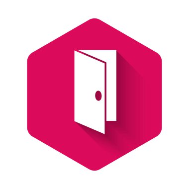 Beyaz kapalı kapı simgesi uzun gölgeli izole edilmiş. Pembe altıgen düğmesi. Vektör