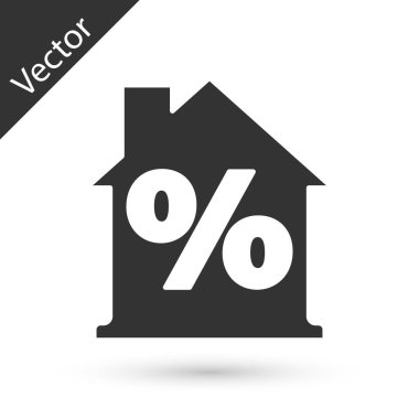 Gri Ev, beyaz arka planda izole edilmiş indirimli etiket simgesine sahip. Emlak evi. Kredi yüzdesi sembolü. Vektör