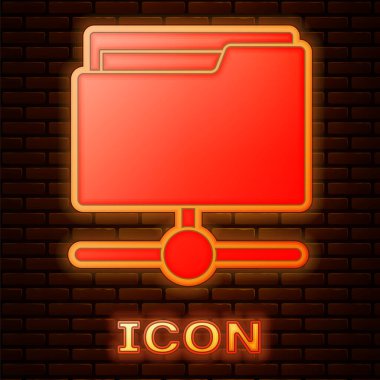 Parlayan neon fTP dizin simgesi tuğla duvar arka planında izole edildi. Yazılım güncellemesi, transfer protokolü, yönlendirici, takım çalışması aracı yönetimi, kopyalama süreci, bilgi. Vektör