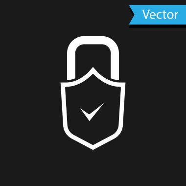 Siyah arkaplanda beyaz açık asma kilit ve işaret simgesi izole edildi. Siber güvenlik kavramı. Dijital veri koruması. Güvenlik kilidi. Vektör