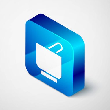 Isometric Havan ve tokmak simgesi gri arkaplanda izole edildi. Mavi kare düğme. Vektör