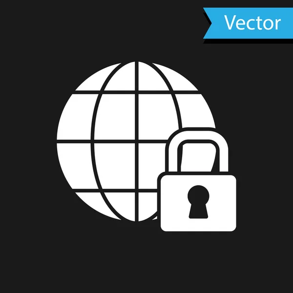 White Global lockdown - ícone globo bloqueado isolado no fundo preto. Vetor — Vetor de Stock