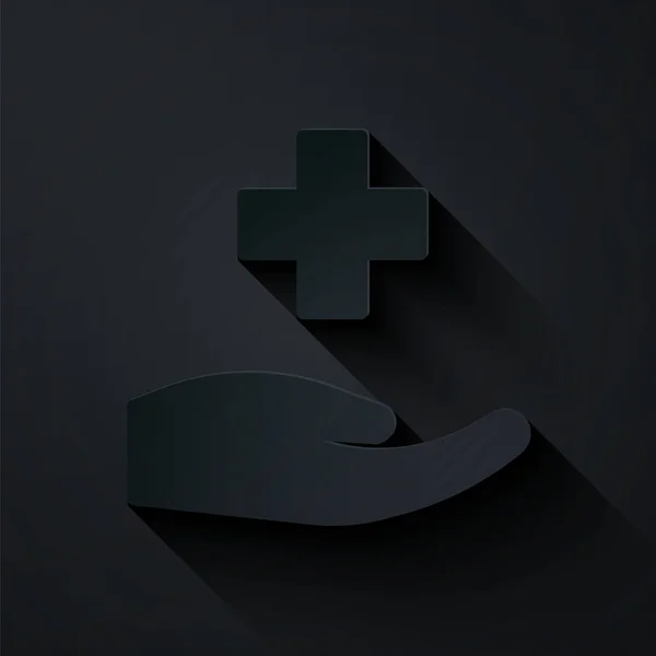 Corte de papel Icono médico de hospital cruzado aislado sobre fondo negro. Primeros auxilios. Símbolo de diagnóstico. Signo de medicina y farmacia. Estilo de arte de papel. Vector — Vector de stock