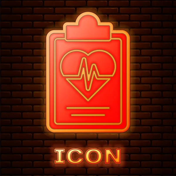 Glowing neon Health insurance icon isolated on brick wall background. Patient protection. Security, safety, protection, protect concept. Vector. — Stock Vector