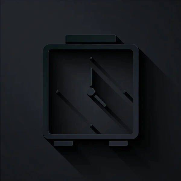 Papiergeschnittenes Weckersymbol isoliert auf schwarzem Hintergrund. Aufwachen, aufstehen. Zeitzeichen. Papierkunst. Vektor — Stockvektor