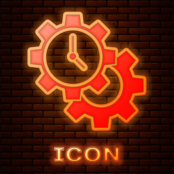 Icono de gestión del tiempo de neón brillante aislado en el fondo de la pared de ladrillo. Señal de reloj y engranaje. Símbolo de productividad. Vector — Vector de stock