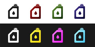 Motor makine yağı ikonu için siyah ve beyaz arka planda izole edilmiş bir teneke kutu ayarla. Benzin bidonu. Yağ değiştirme ve onarım servisi. Motor yağı işareti. Vektör