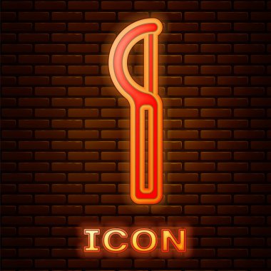 Parlayan neon neon diş ipi simgesi tuğla duvar arkasında izole edilmiş. Vektör