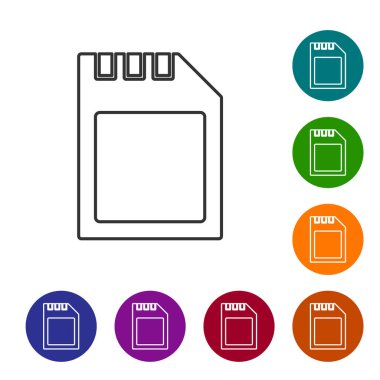 Beyaz arkaplanda siyah çizgi SD kart simgesi izole edildi. Hafıza kartı. Adaptör simgesi. Simgeleri renk daire düğmelerine ayarla. Vektör