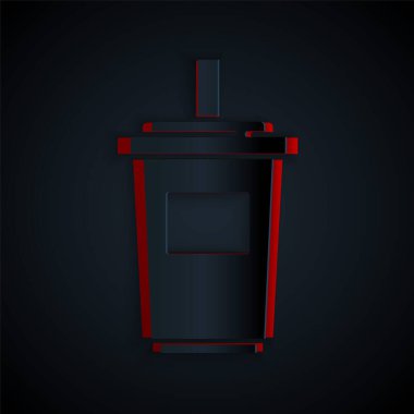 Kağıt kesiği, siyah zemin üzerinde saman ve su ikonu bulunan kağıt kesiği. Soda bardağı. Taze soğuk içecek sembolü. Kağıt sanatı tarzı. Vektör