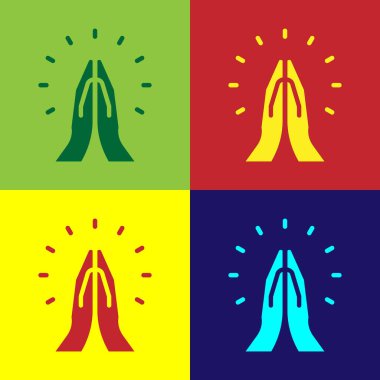 Pop Art Hands dua konumunda renk arkaplanında izole edilmiş bir simge. Tanrı 'ya inanç ve umutla dua edin. Vektör