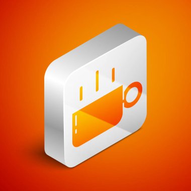 Turuncu arka planda izole edilmiş Isometric Kahve fincanı ikonu. Çay fincanı. Sıcak içecek kahvesi. Gümüş kare düğme. Vektör