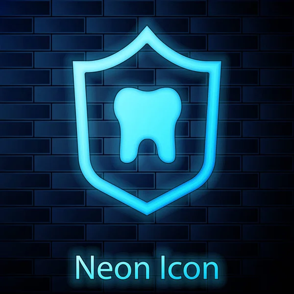 Icono de protección dental de neón brillante aislado en el fondo de la pared de ladrillo. Diente con logo de escudo. Vector — Archivo Imágenes Vectoriales