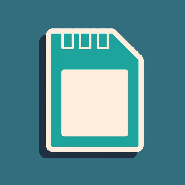 Icône de carte SD verte isolée sur fond vert. Carte mémoire. Icône adaptateur. Style ombre longue. Vecteur — Image vectorielle