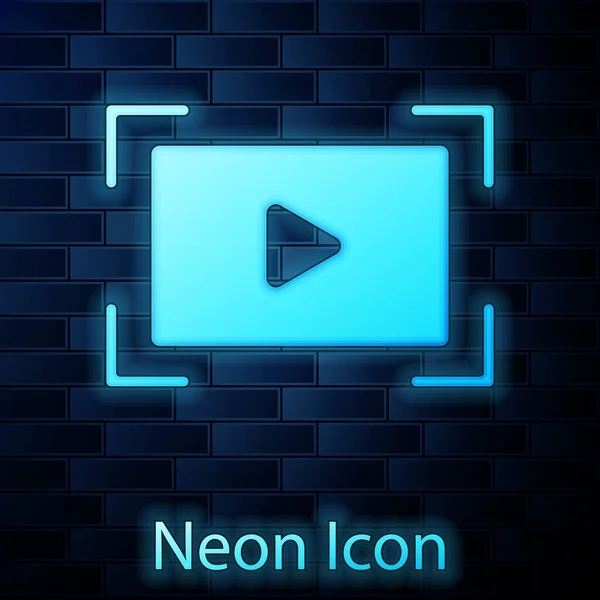 Leuchtende Neon Online-Play-Video-Symbol isoliert auf Ziegelwand Hintergrund. Filmstreifen mit Spielzeichen. Vektor — Stockvektor