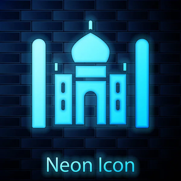 Glowing neon Taj Mahal mausoleum in Agra, Indiaicon isolated on brick wall background. Vector — Stock Vector