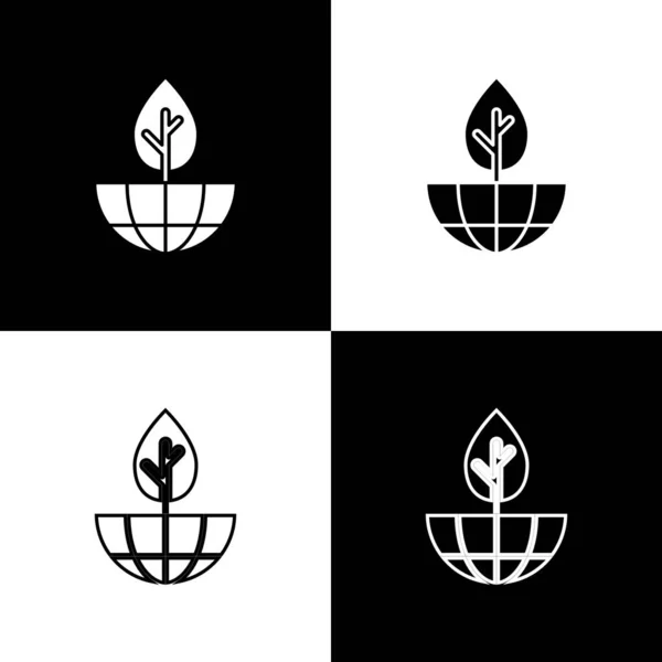 Állítsa Föld földgömb és növényi ikon elszigetelt fekete-fehér alapon. Világ vagy Föld jel. Geometrikus formák. Környezetvédelmi koncepció. Vektor — Stock Vector
