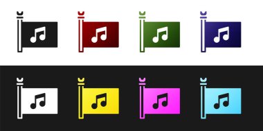 Set Müzik Festivali, erişim, bayrak, müzik notası simgesi siyah beyaz arka planda izole. Vektör