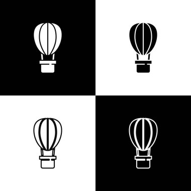Sıcak hava balonu simgesini siyah beyaz arkaplanda izole et. Seyahat için hava taşımacılığı. Vektör