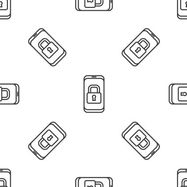 Kapalı asma kilit ikonuna sahip gri çizgili akıllı telefon beyaz arka planda izole edilmiş kusursuz desen. Kilitli telefon. Gezici güvenlik, güvenlik, koruma konsepti. Vektör