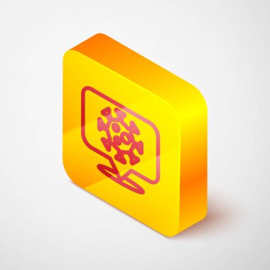 Isometric hattı Corona virüsü 2019-nCoV gri arka planda izole edilmiş konum simgesi. Bakteri ve mikroplar, hücre kanseri, mikrop, mantar. Sarı kare düğme. Vektör.