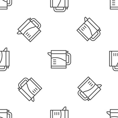 Beyaz arkaplanda siyah elektrikli su ısıtıcısı simgesi izole edildi. Çaydanlık ikonu. Sarı kare düğme. Vektör