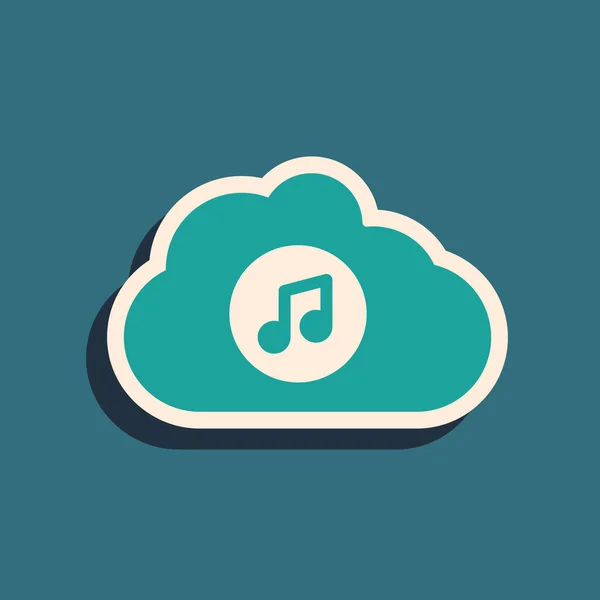 Иконка стримингового сервиса Green Music выделена на зеленом фоне. Sound cloud computing, online media streaming, song, audio wave. Длинный стиль тени. Вектор — стоковый вектор