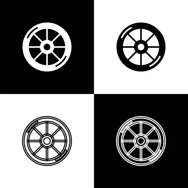 Set Bicycle wheel icon isolated on black and white background. Bike race. Extreme sport. Sport equipment. Vector — Stock Vector