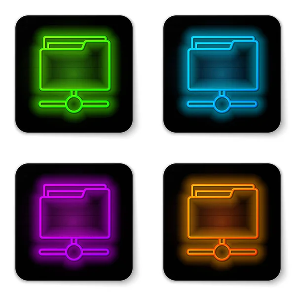 Világító neon vonal FTP mappa ikon elszigetelt fehér háttér. Szoftverfrissítés, átviteli protokoll, router, csapatmunka eszközkezelés, másolási folyamat, info. Fekete négyzet gomb. Vektor — Stock Vector